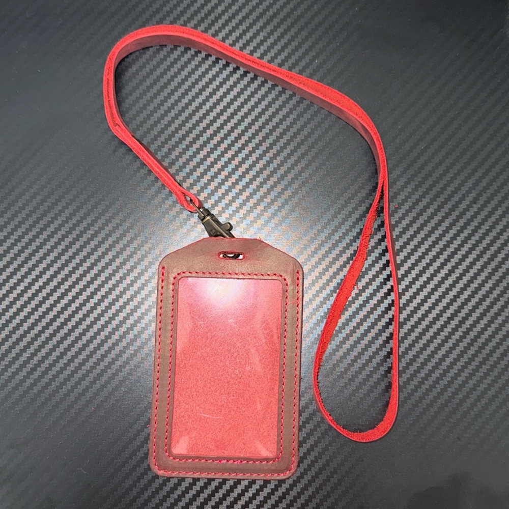 Red leather ID Lanyard.